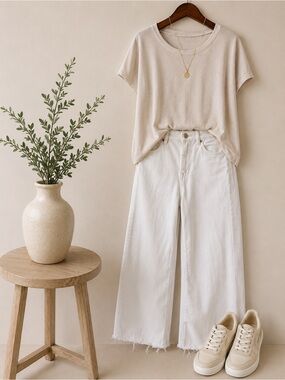 Kensie High Rise Wide Leg Raw Hem White Jeans Size 4/27